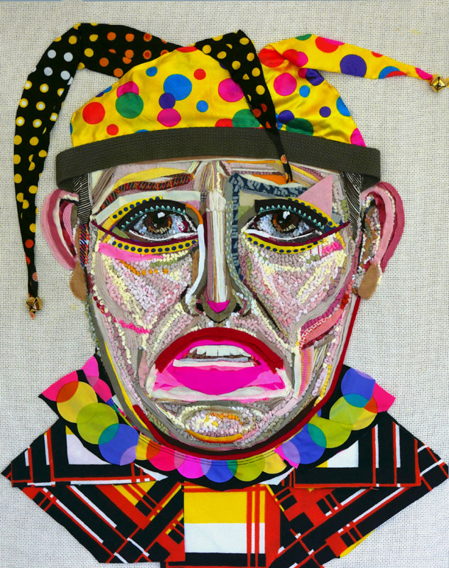 Linda Friedman Schmidt’s emotional narrative portrait “Fooled” uses colorful textiles to comment on the sad clown paradox.